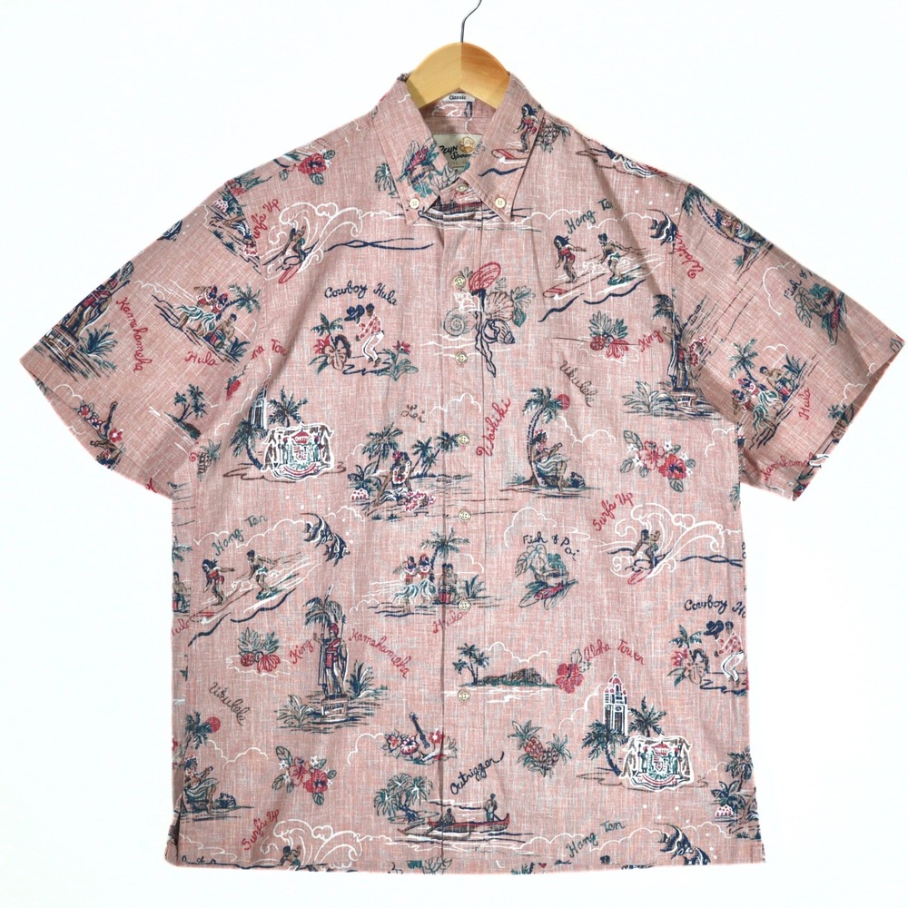 Reyn Spooner Shirt Mens S Small Pink Hawaiian Cowboy Hula Short Sleeve Hang Ten